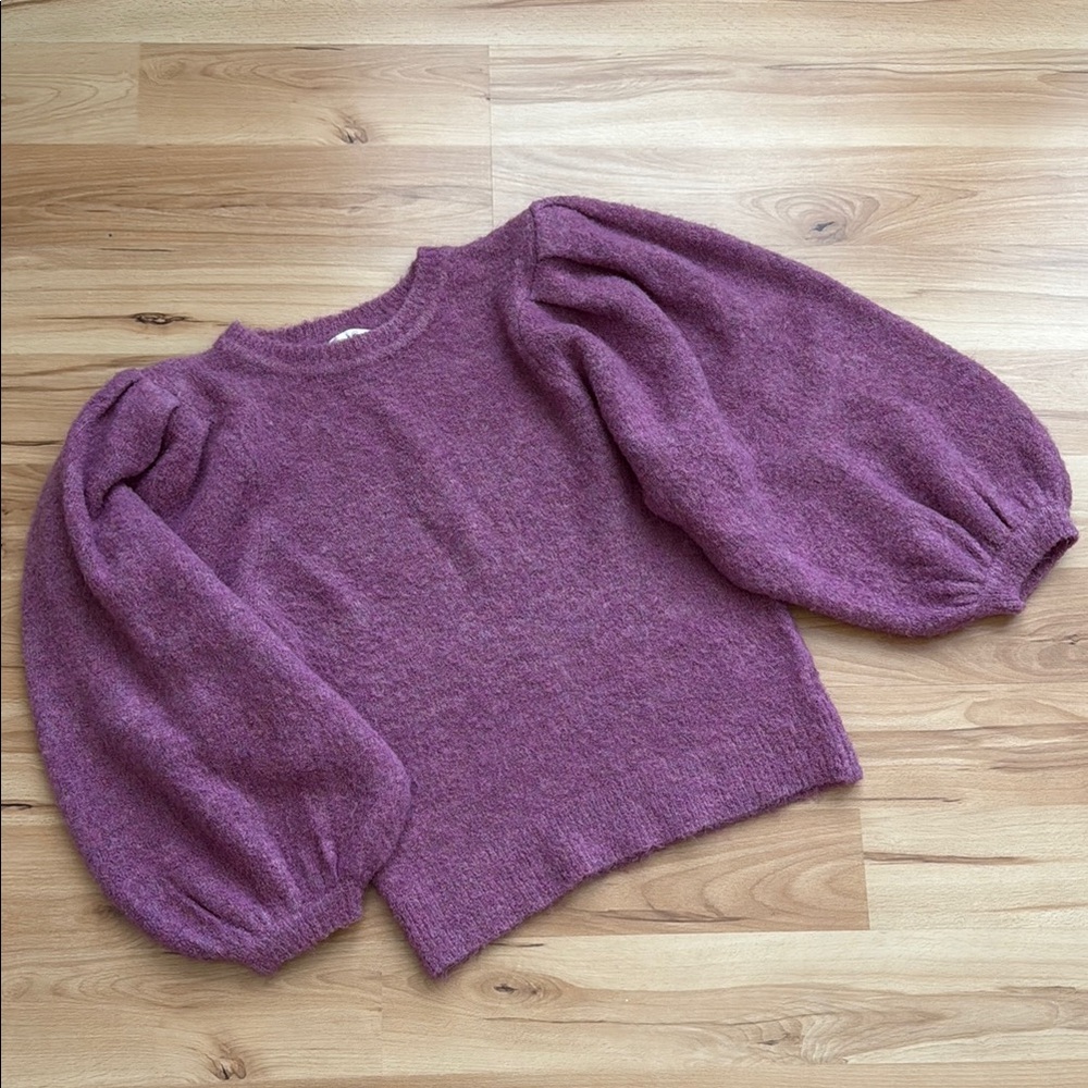 Lush Purple Crew Neck Sweater with Dramatic Puff Sleeves